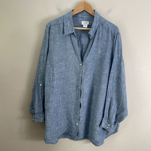 Sigrid Olsen Womens Plus 2X Blue 100% Linen Button Up Shirt Roll Tab Sleeve Top - Picture 8 of 10
